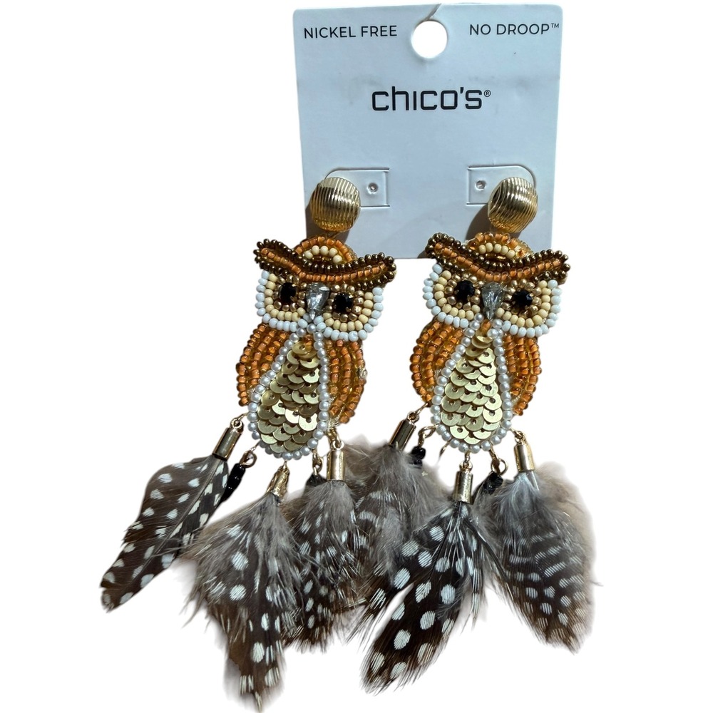 Chico's Birds of a Feather Owl Beaded‎ Feather Dangle Earrings NWT No Droop